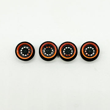 10mm “BBS” Black & Orange Alloy Bearing Wheels for 1:64 Scale. (Spinners)