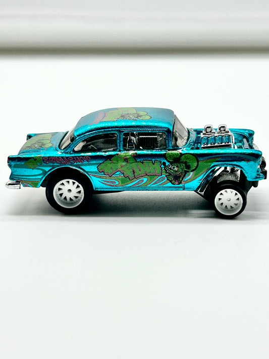 Fully Custom 55 Chevy Gasser “Rat Fink” Theme with AC Custon White Rucci Gasser Wheels