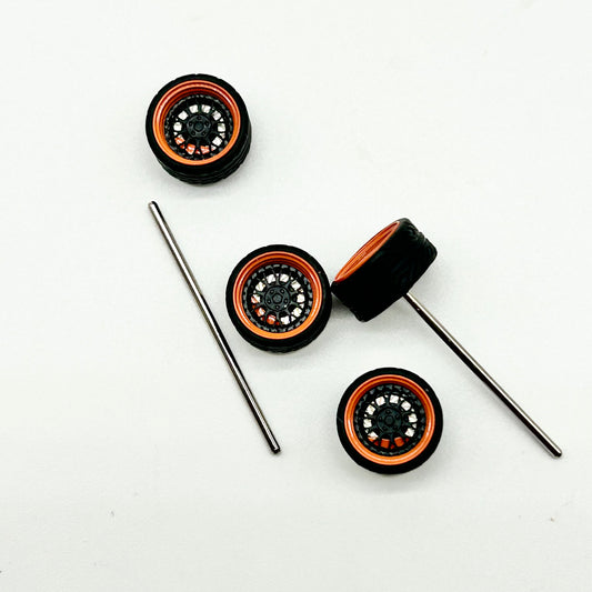 10mm “BBS” Black & Orange Alloy Bearing Wheels for 1:64 Scale. (Spinners)