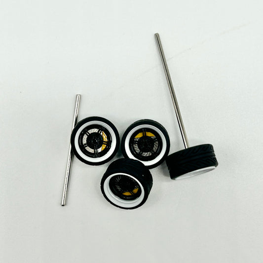 NEW- 10mm Black & White Split “Canary” with Yellow Caliper Alloy Wheels. (Spinner)